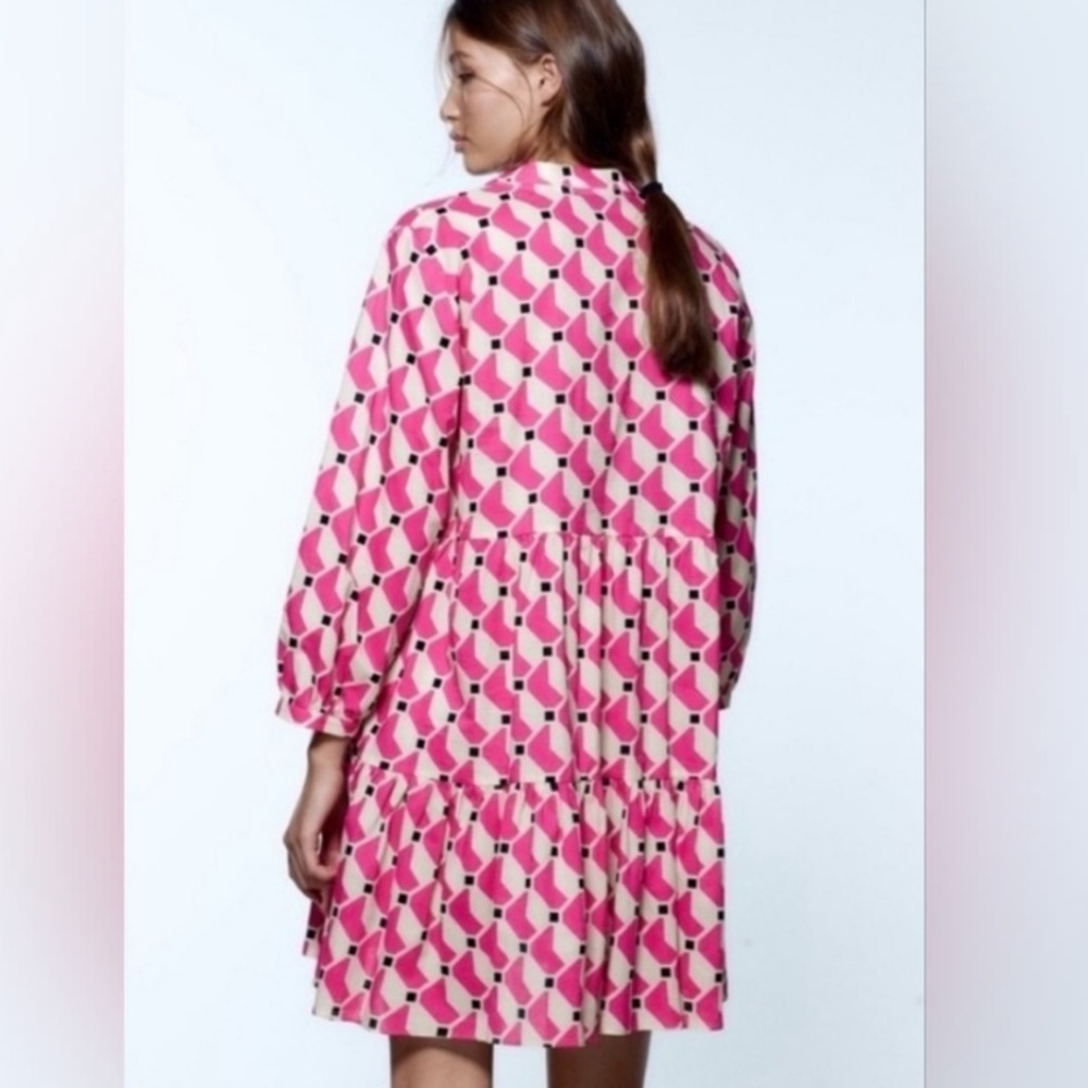 Zara The Mini Cadie Dress Pink Geometric V-Neck Women's Dress - Picture 2 of 5